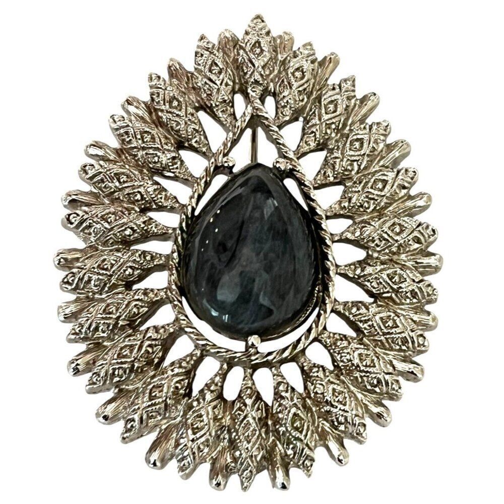 Sarah Coventry Open Work Teardrop Brooch Granada Silver Tone Pin Gray Stone